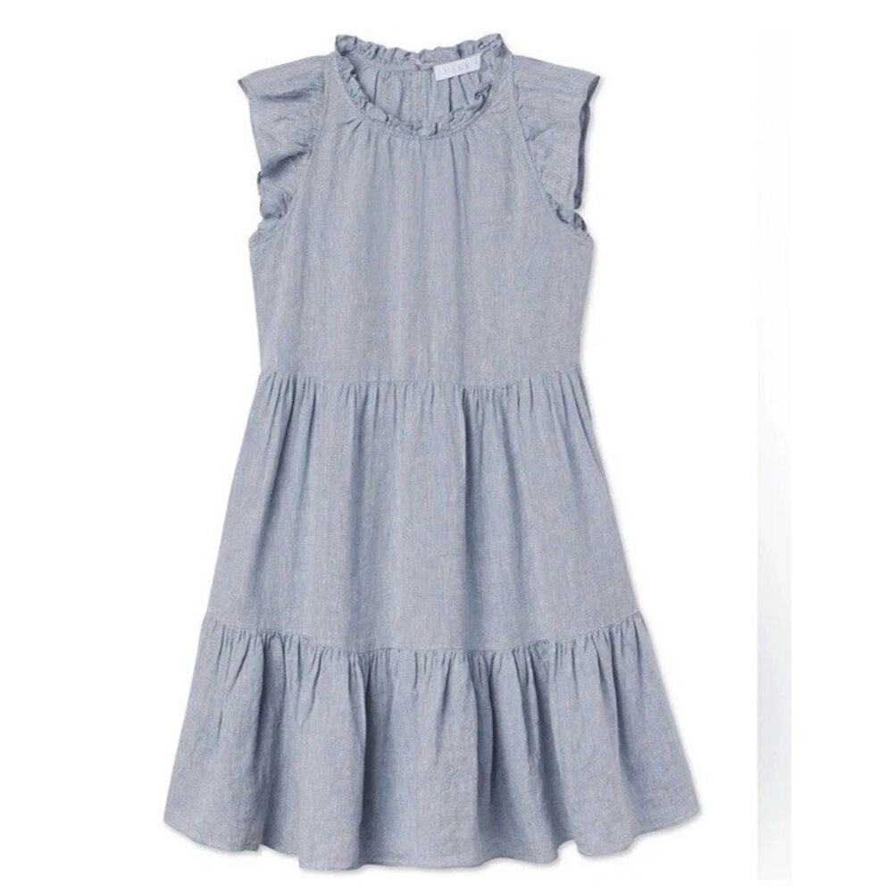 LAKE Helen Linen Tiered Dress Flutter Cap Sleeve Pockets Light Blue Sz Large